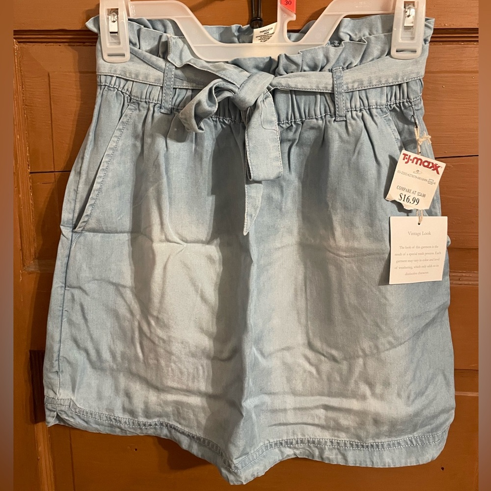 *NWT* Nicole Miller New York Faded Light Wash Paper Bag Belted Pocket Skirt